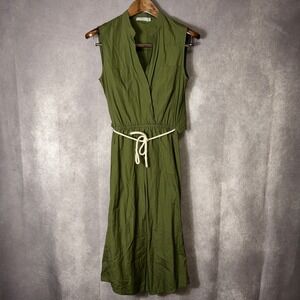 Vince Cotton Sleeveless Midi Dress Rope Belt Utility Olive Green Size S